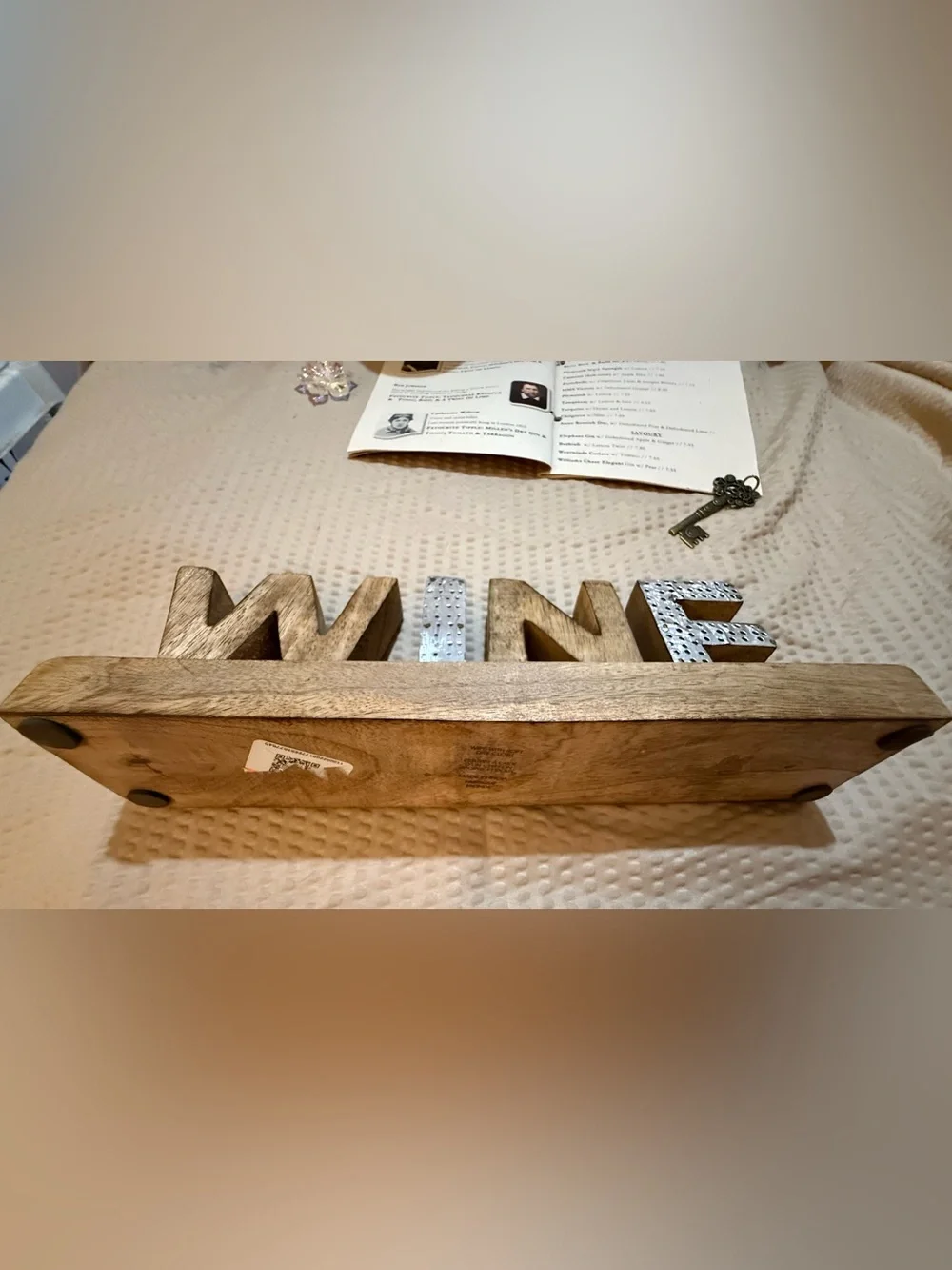 Rustic Wood WINE Tabletop Sign Silver Metal Letters Bar Kitchen Decor